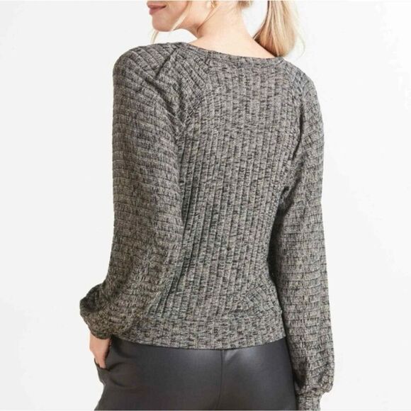 Michael Stars Black Marled Balloon Sleeve Heathered Polly Knit Square Neck Top M - Picture 4 of 13